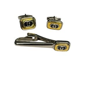 Gucci Gold and Silver Cufflinks with Tie Clip